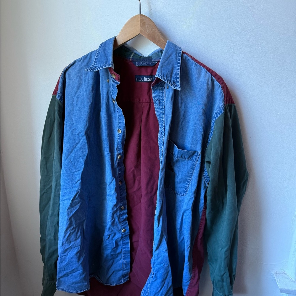 Nautica Colorblock Button-Up Shirt in Denim Blue, Burgundy & Forest Green